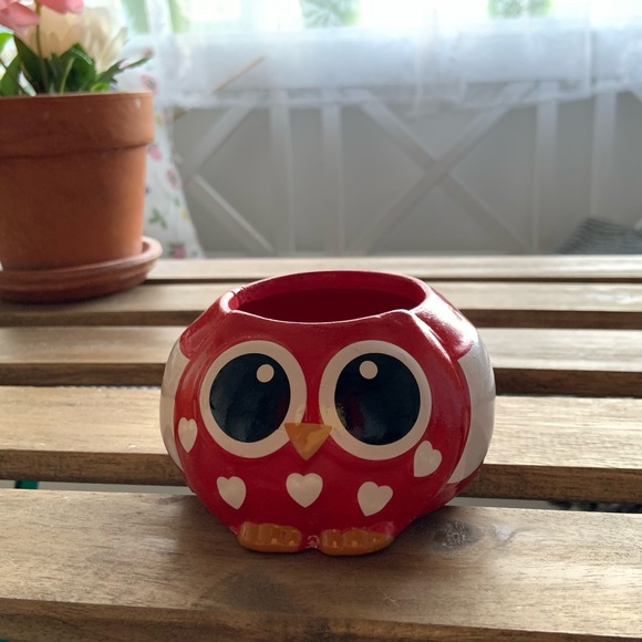 Valentine’s Day Ceramic Owl Plant Pot, Small Owl Pot, Red Owl, Owl Decor, Heart. - Picture 3 of 16